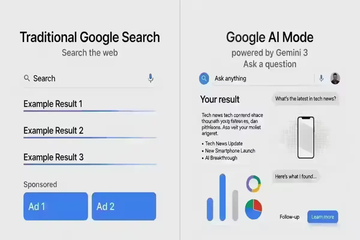 Google AI Mode vs traditional search results comparison in 2026