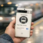 Google Pixel 9 Pro on a busy metro platform showing the new Transit Mode interface with train arrival times.