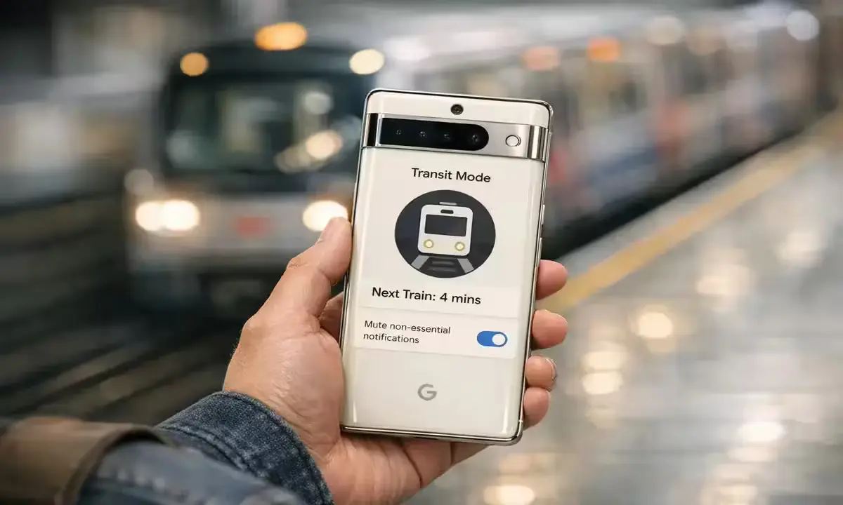 Google Pixel 9 Pro on a busy metro platform showing the new Transit Mode interface with train arrival times.