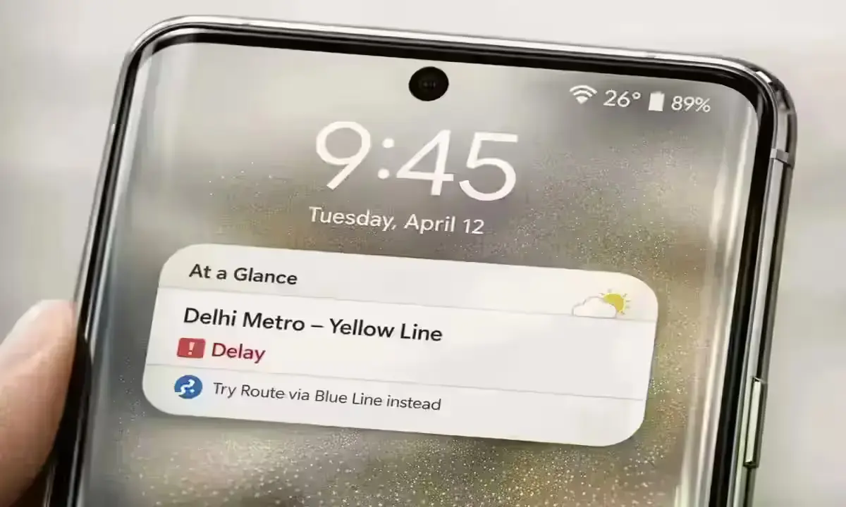 Google Pixel lock screen showing a real-time transit delay alert and alternate route in the At a Glance widget.