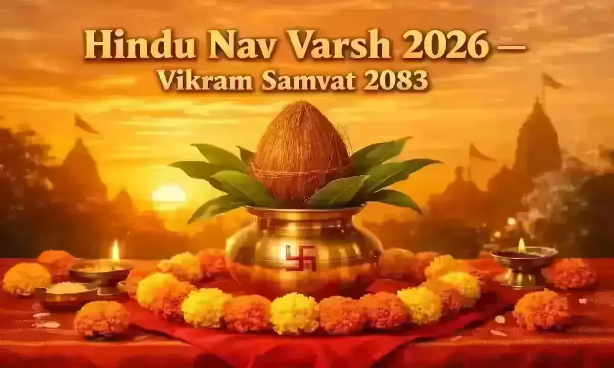 Hindu Nav Varsh 2026 — Vikram Samvat 2083 Ghatasthapana Kalash with marigold flowers and sunrise