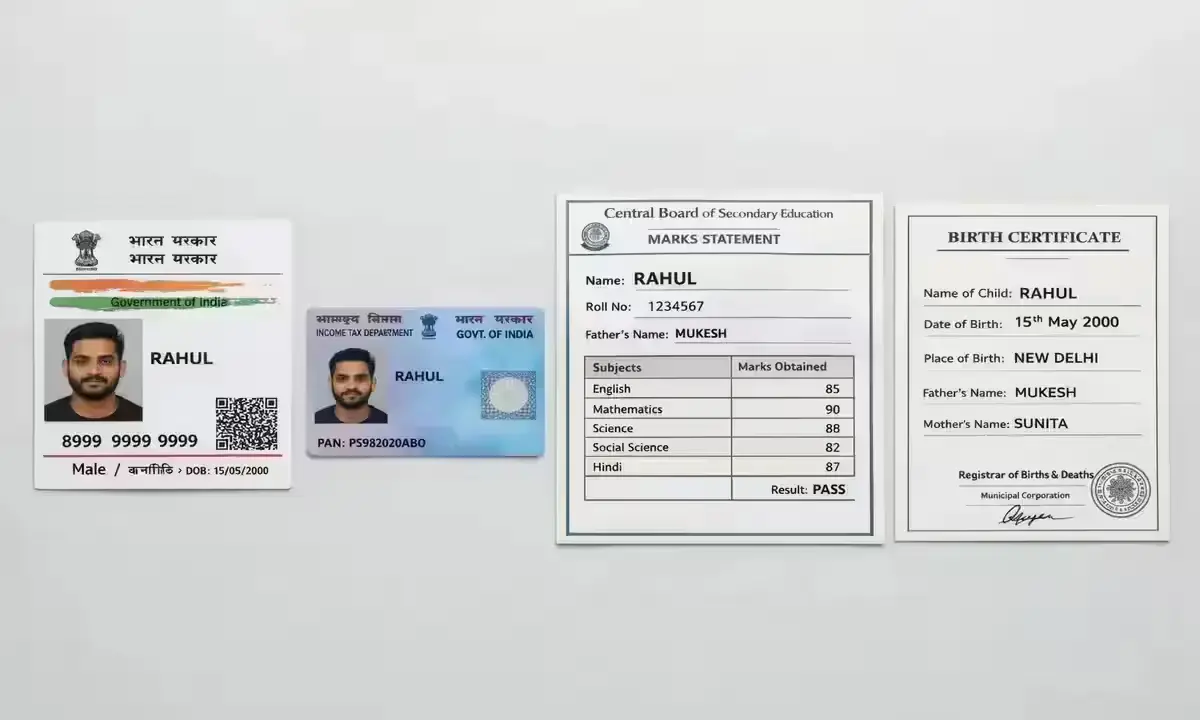 Indian identity documents showing identical single name spelling for passport verification