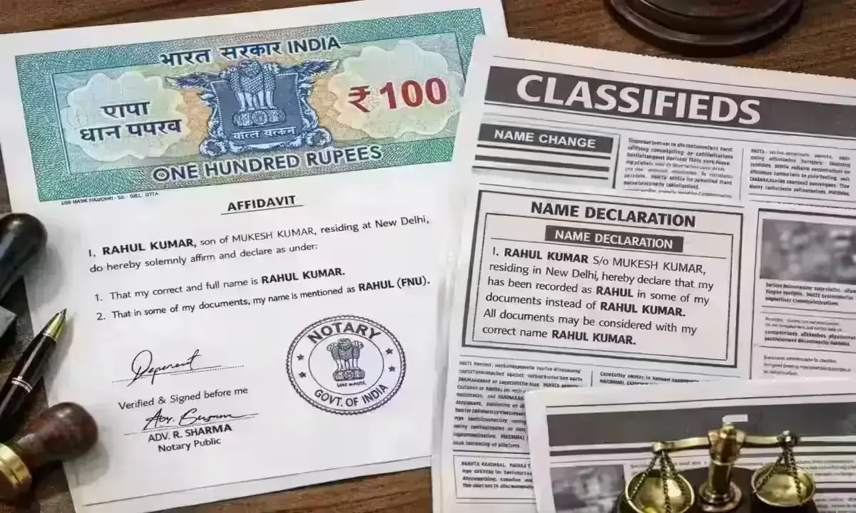 Notarized affidavit and newspaper notice for name declaration in India