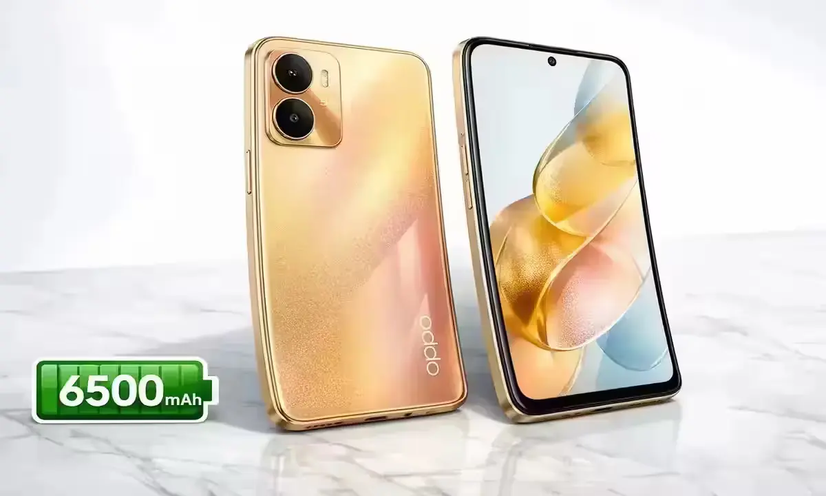 OPPO A6s 5G Aurora Gold front and back view showing dual camera module