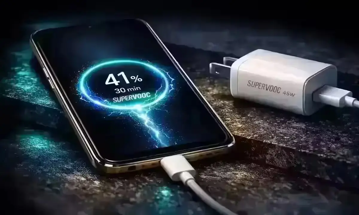 OPPO A6s 5G charging with 45W SUPERVOOC showing 41 percent in 30 minutes