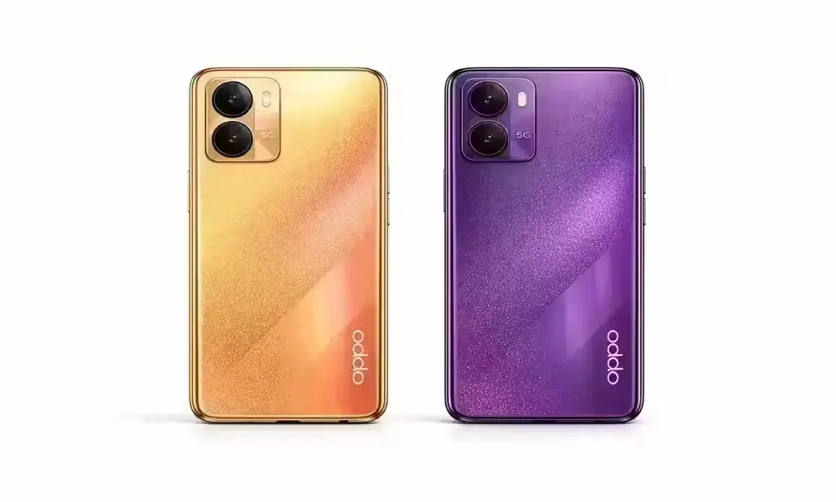 OPPO A6s 5G color options Aurora Gold and Plum Purple back panel view