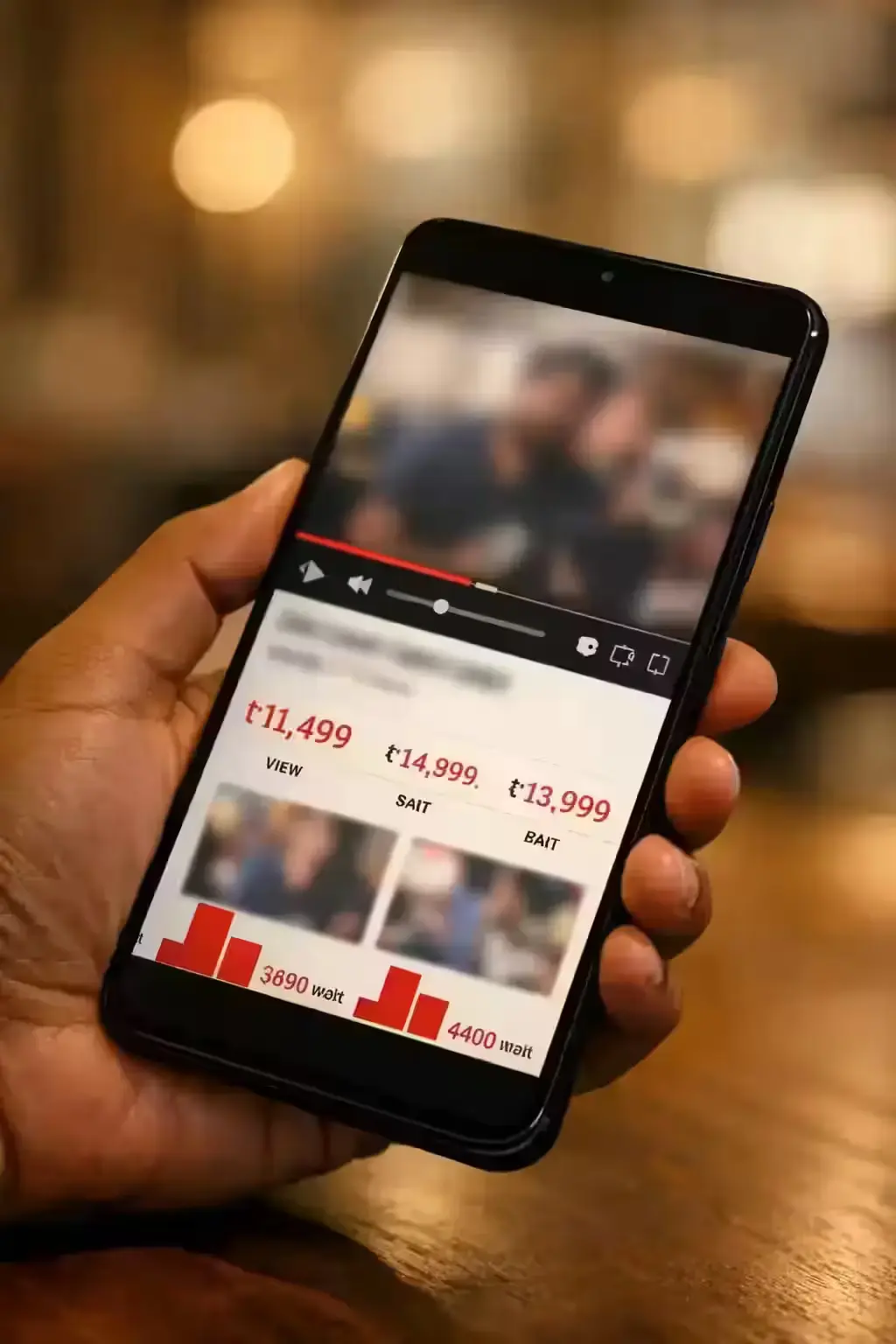 Redmi 15A 5G 6.9-inch display being held in hand showing video playback — large screen size in context of everyday use