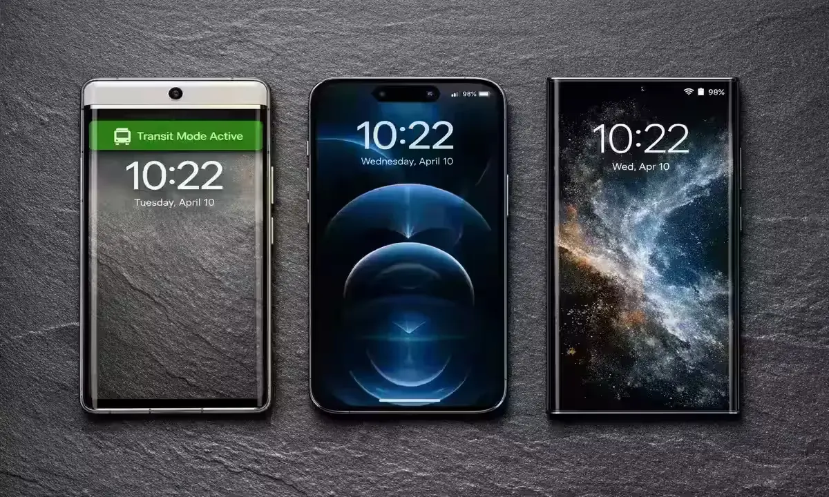 Side-by-side comparison of Pixel, iPhone, and Galaxy S25 Ultra, highlighting the Pixel's unique automated Transit Mode banner.