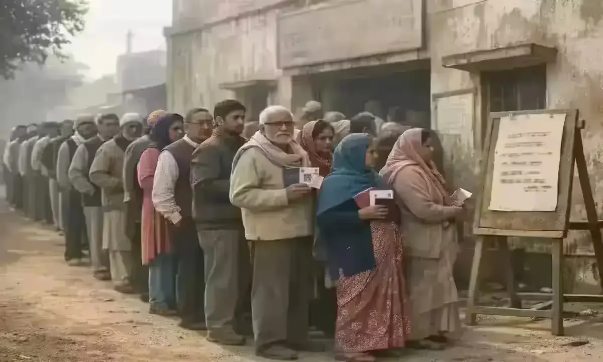 Long queue of LPG consumers outside gas agency in Uttar Pradesh holding Aadhaar cards and gas booklets, March 2026