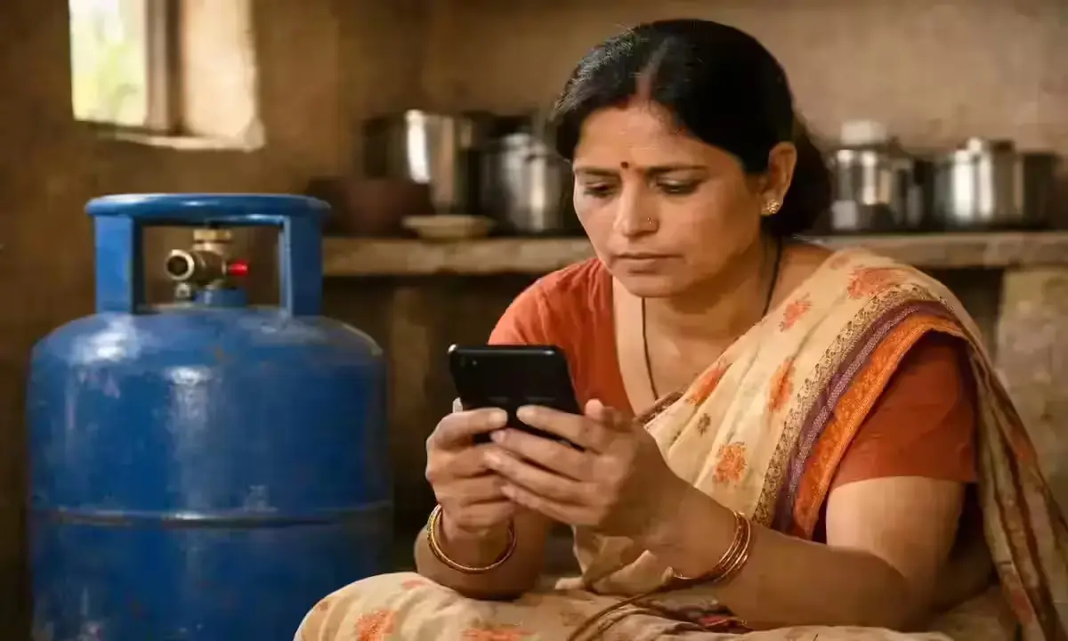 Ujjwala Yojana PMUY beneficiary woman checking LPG e-KYC status on smartphone with LPG cylinder beside her, rural India 2026