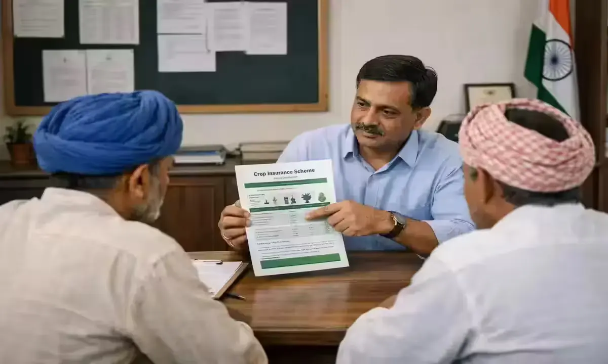 Agriculture officer explaining PMFBY Scheme claim settlement to farmers in Rajasthan district office, April 2026