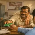 Atal Pension Yojana 2026 — Indian unorganised sector worker enrolling for ₹1000 to ₹5000 monthly pension at bank branch, PFRDA scheme India