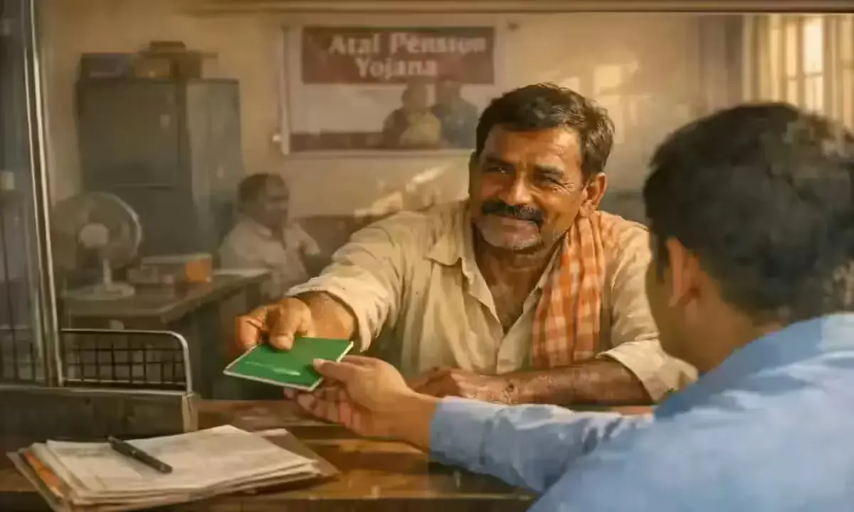 Atal Pension Yojana 2026 — Indian unorganised sector worker enrolling for ₹1000 to ₹5000 monthly pension at bank branch, PFRDA scheme India