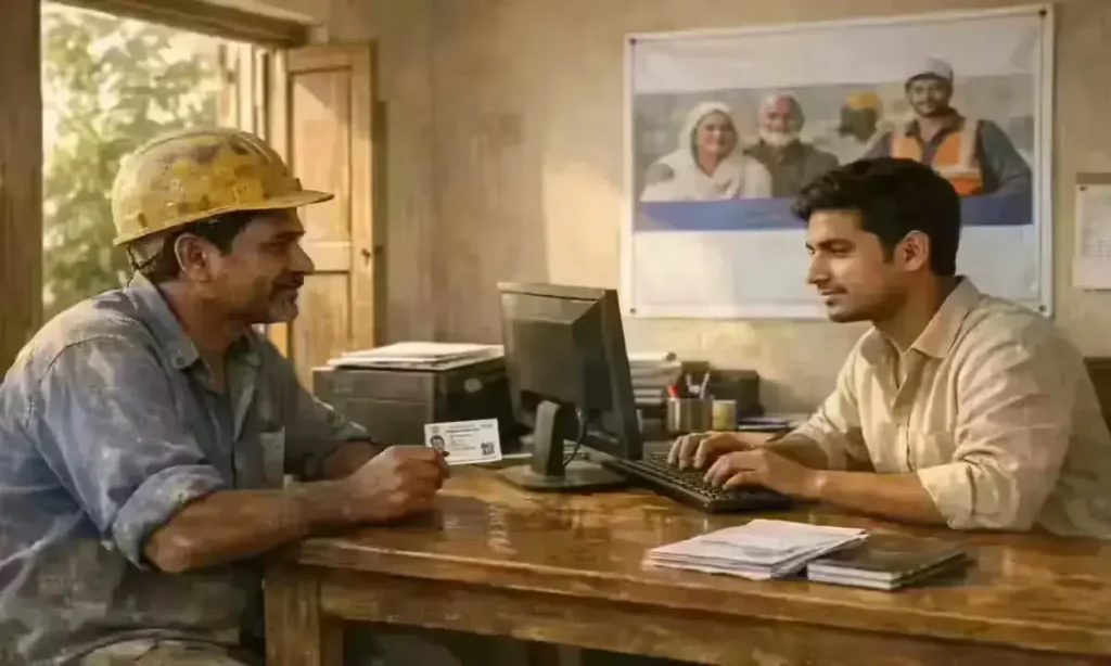 Construction worker applying for PM-SYM pension scheme at a Common Service Centre in India 2026