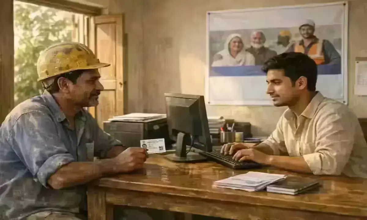 Construction worker applying for PM-SYM pension scheme at a Common Service Centre in India 2026