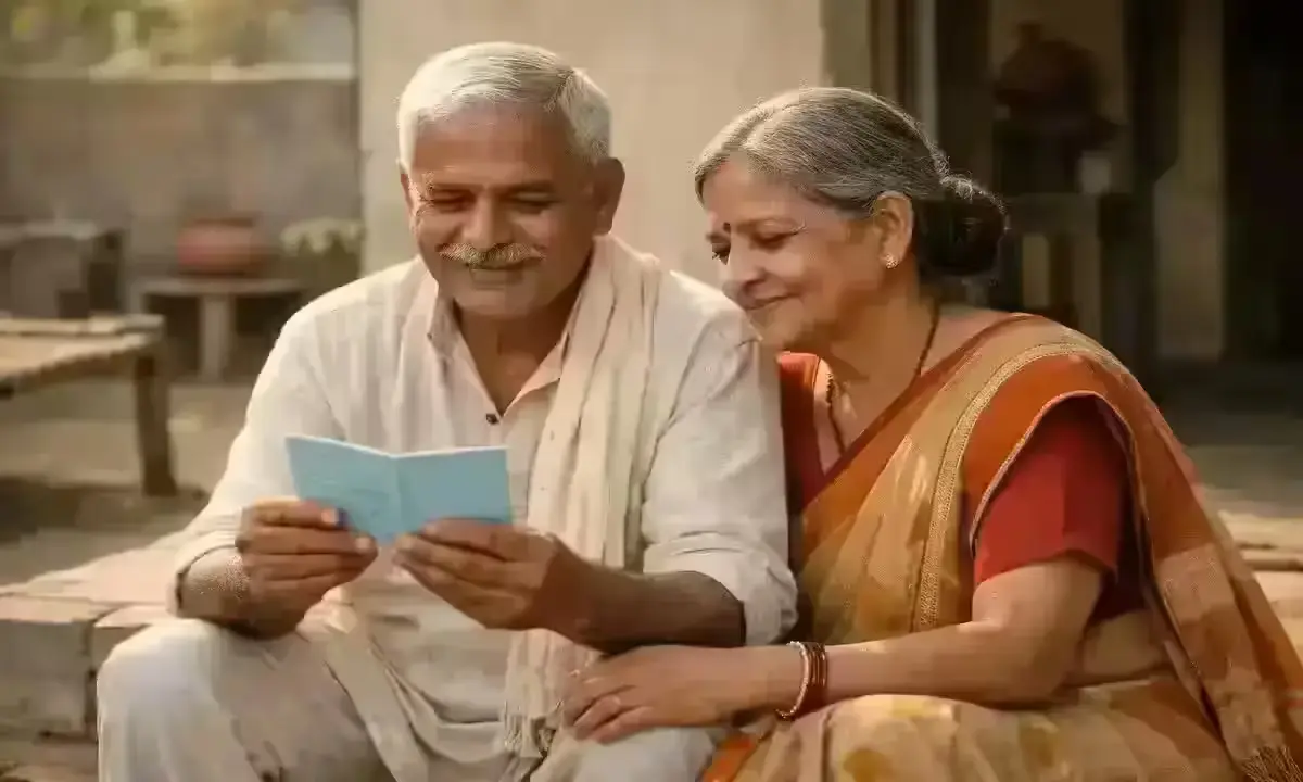 Elderly Indian couple receiving monthly pension after enrolling in PM-SYM scheme — retirement security in 2026