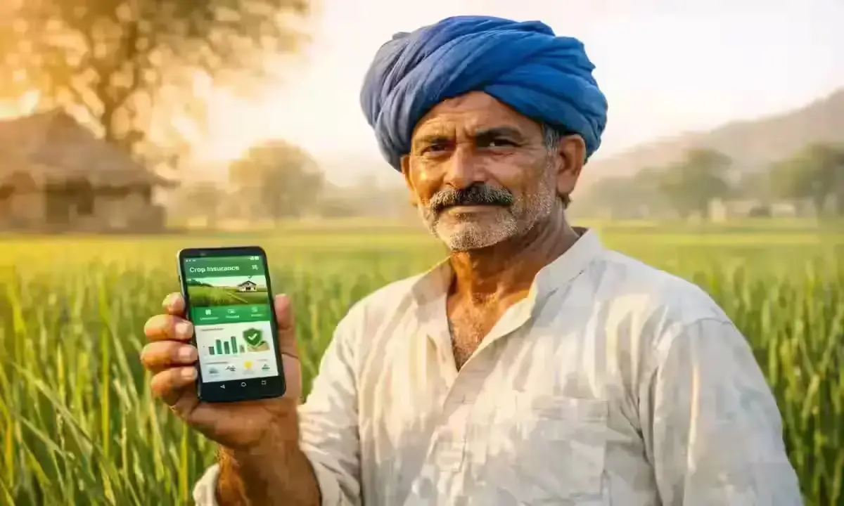 Farmer registering for Pradhan Mantri Fasal Bima Yojana on Crop Insurance App in Rajasthan paddy field, Kharif 2026