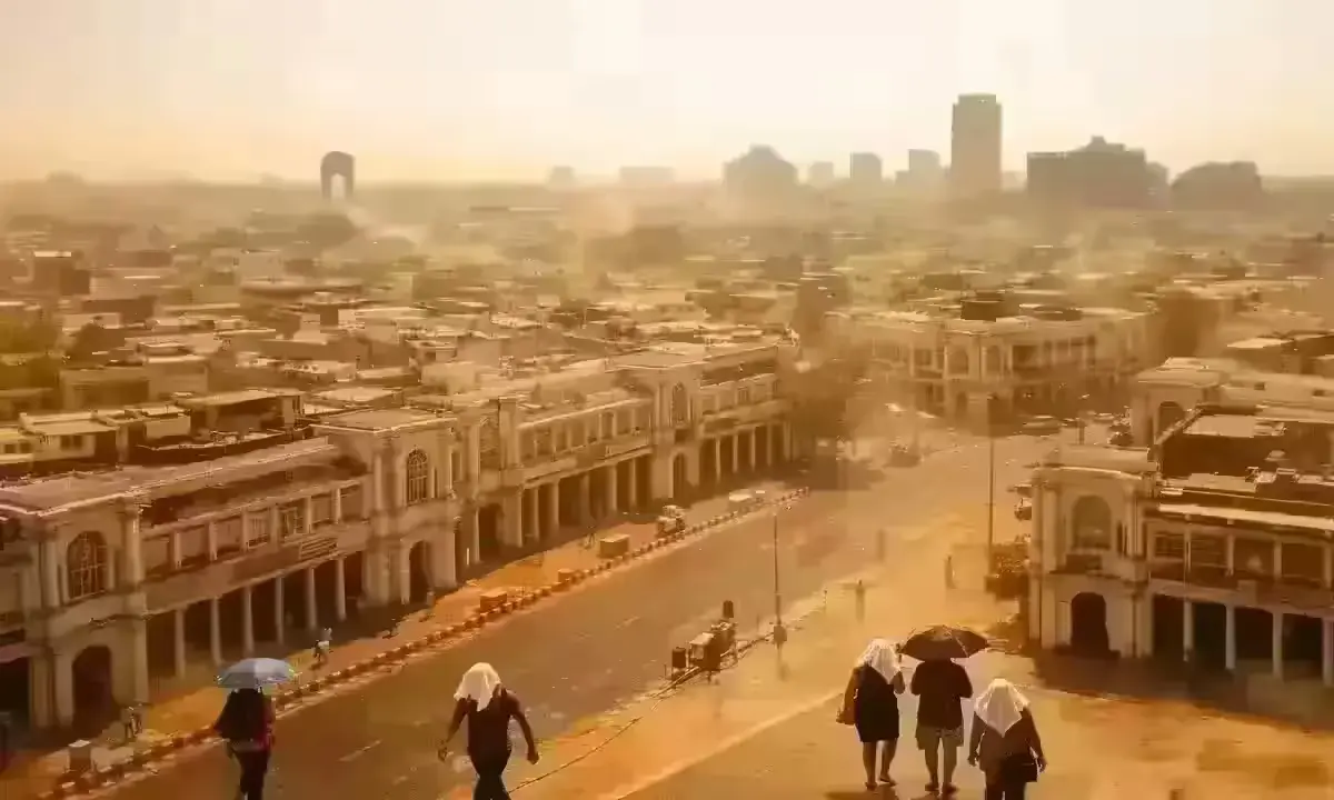 IMD heat wave alert Delhi April 2026 — people walking under harsh noon sun with heat haze rising from roads near Connaught Place