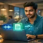 Indian developer working with Google Gemma 4 multimodal AI on laptop in co-working space