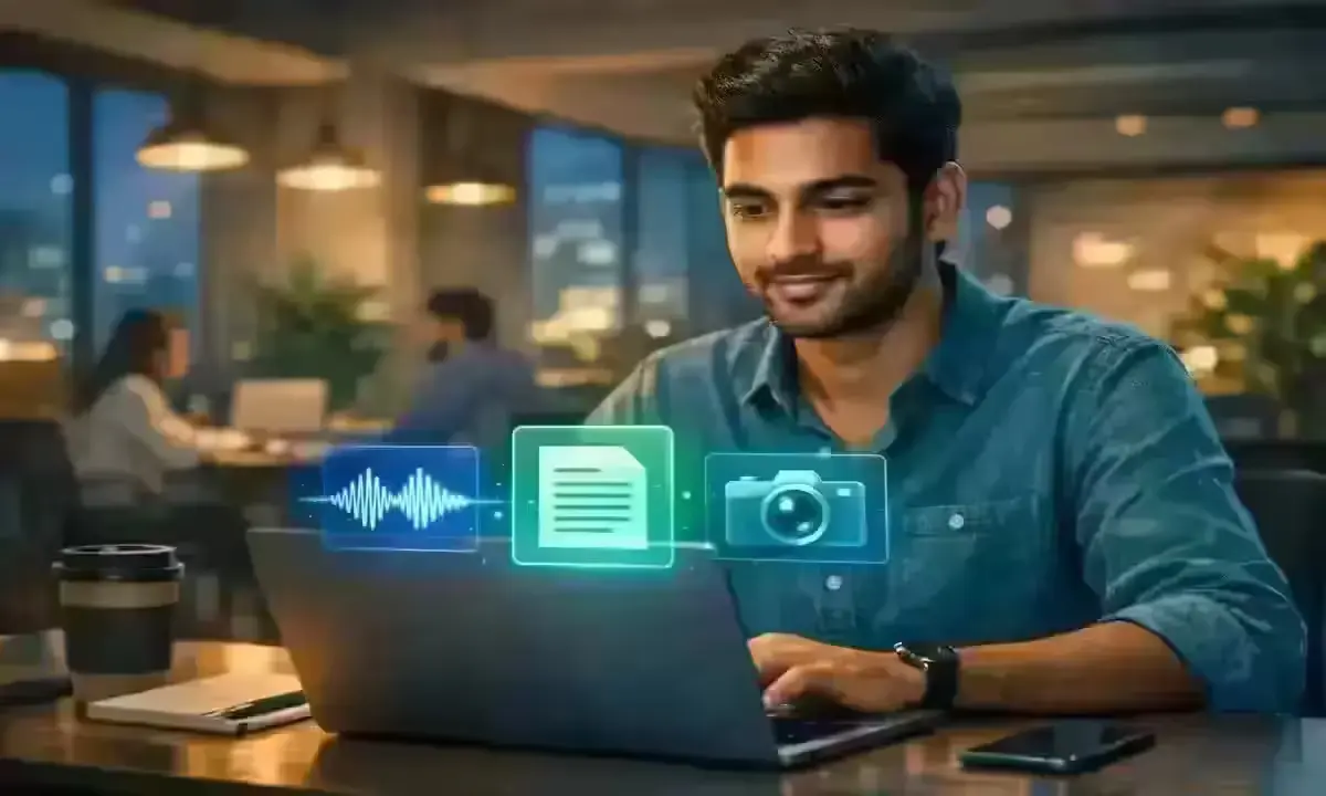 Indian developer working with Google Gemma 4 multimodal AI on laptop in co-working space