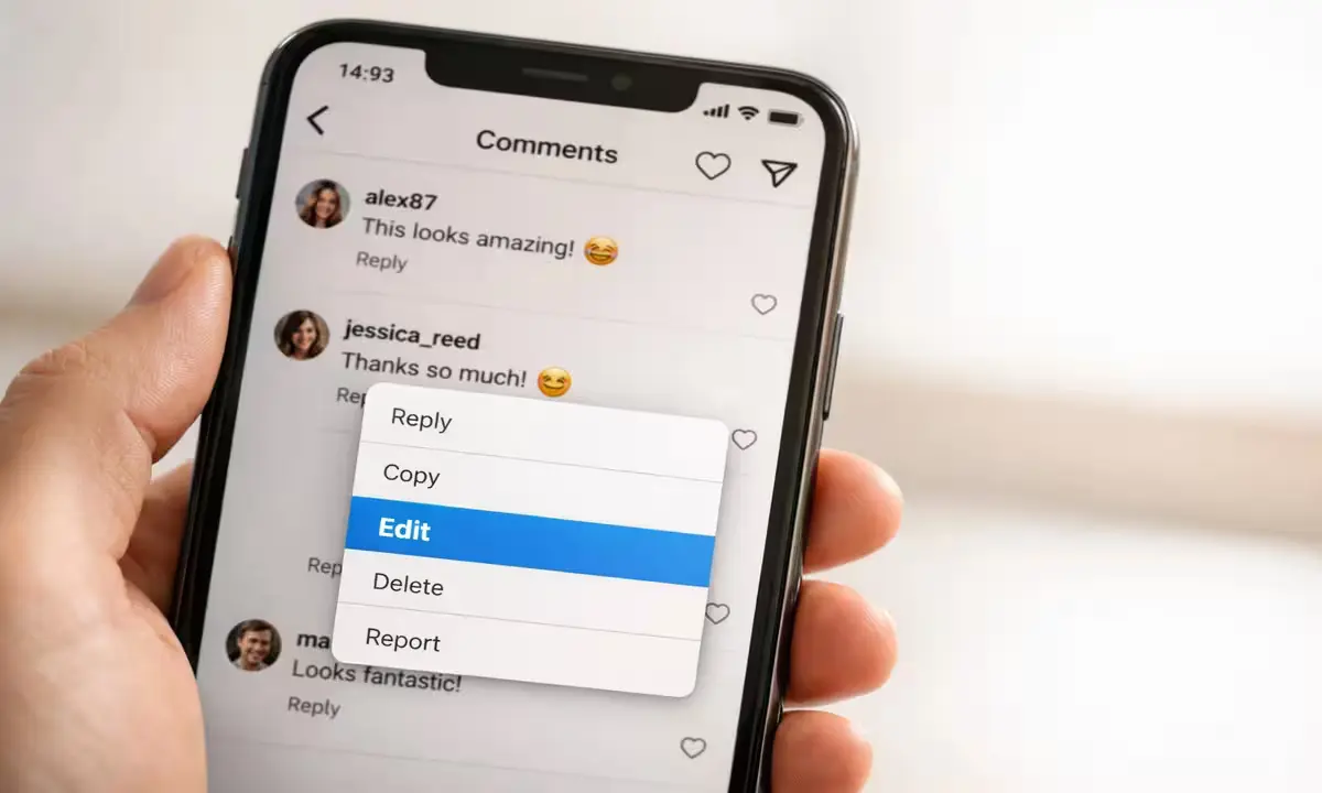 Instagram comment edit option appearing on Android phone screen in April 2026, showing the 15-minute editing feature