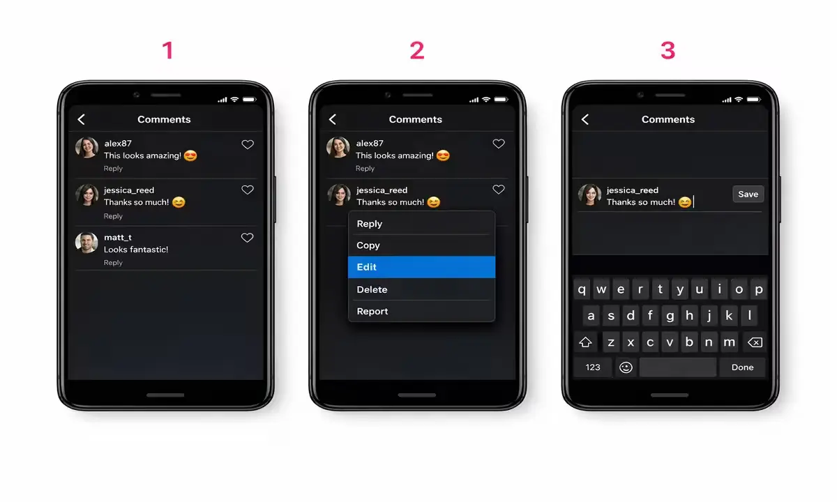 Three steps to edit an Instagram comment in 2026 — long press, tap Edit, then save the corrected text