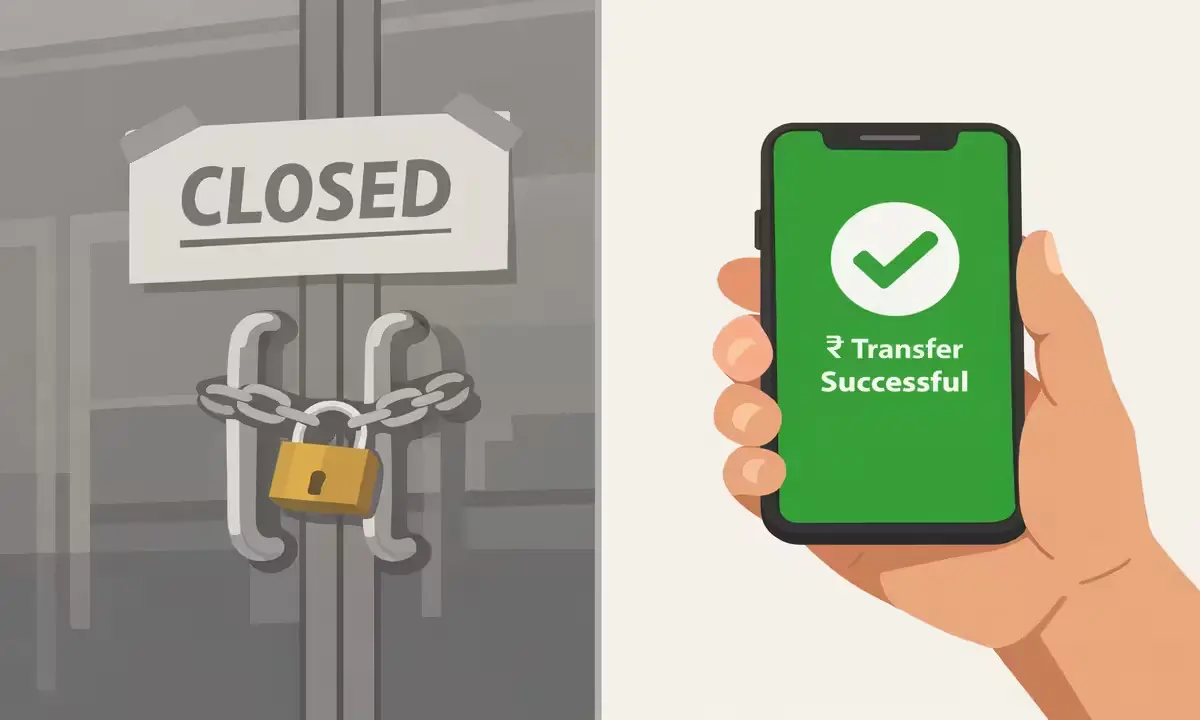 UPI mobile banking app working during bank holiday India April 2026 branch closed