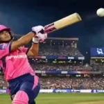 Vaibhav Sooryavanshi hitting a six for Rajasthan Royals vs Sunrisers Hyderabad at Sawai Mansingh Stadium IPL 2026 — third fastest century in IPL history
