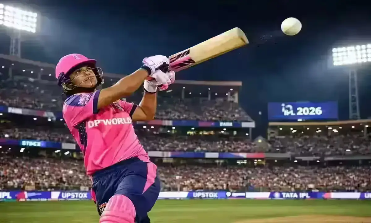 Vaibhav Sooryavanshi hitting a six for Rajasthan Royals vs Sunrisers Hyderabad at Sawai Mansingh Stadium IPL 2026 — third fastest century in IPL history