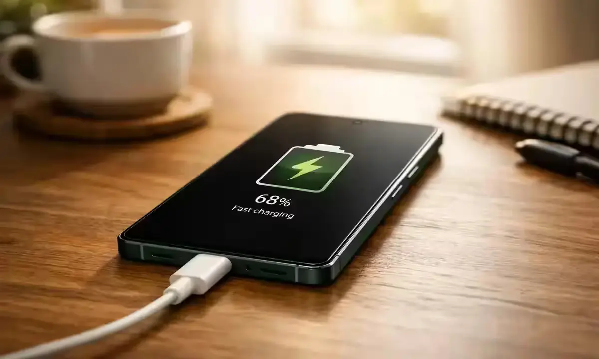 Vivo X300 FE charging with 90W fast wired charging, 6500mAh battery filling up quickly on a morning desk setup