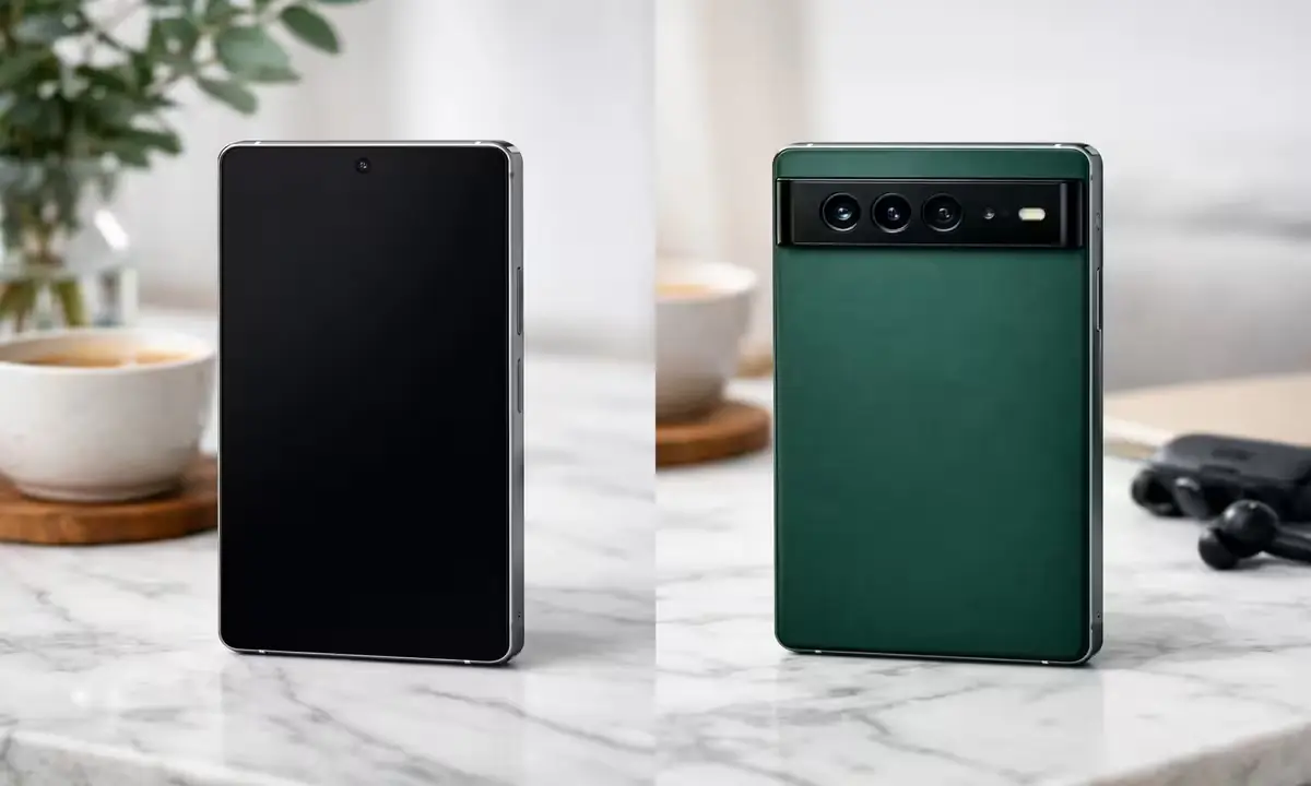 Vivo X300 FE front and back view in India-exclusive Deep Green with horizontal camera bar design and slim flat frame