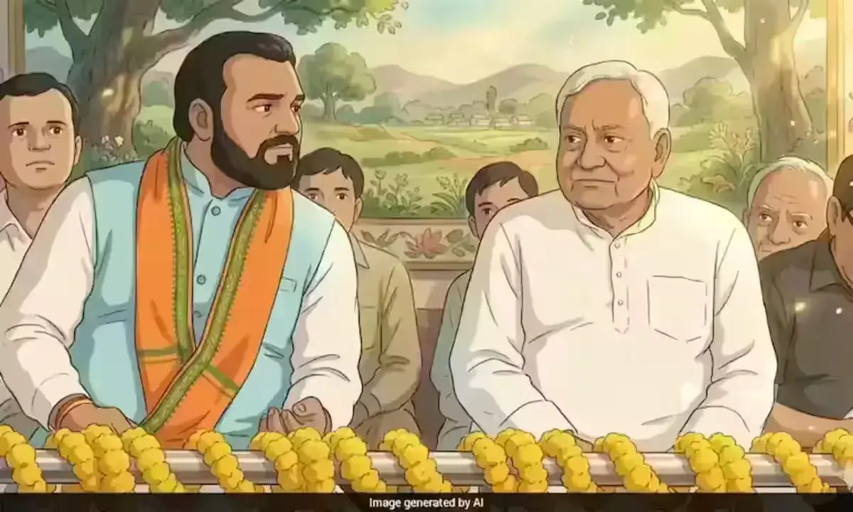 Nitish Kumar resigning as Bihar Chief Minister at Raj Bhawan, Patna, on 14 April 2026, with Samrat Chaudhary set to take charge as Bihar's first BJP CM.