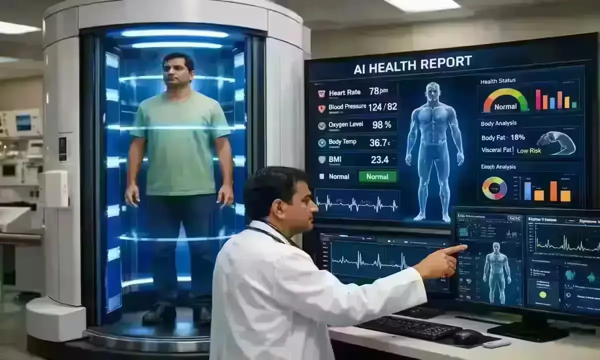 AI आधारित हेल्थ स्कैन मशीन से जांच करवाता मरीज