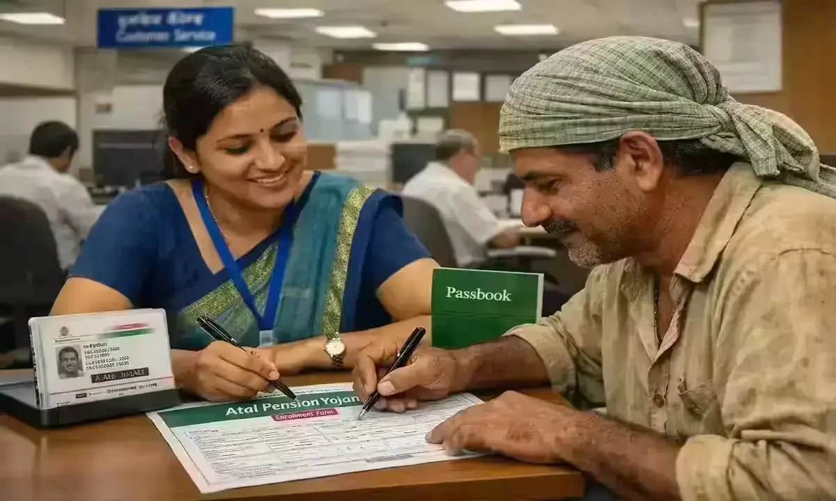 APY registration के लिए बैंक में फॉर्म भरता व्यक्ति