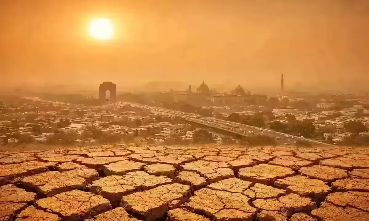 Delhi heatwave May 2026 — 45°C temperature aerial view of city under heat haze