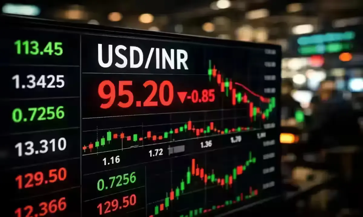 Forex screen showing USD/INR rate at 95.20 with a red downward trend indicator