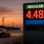 Gas station price sign showing $4.48 per gallon as US fuel costs climb toward $5 amid Strait of Hormuz closure
