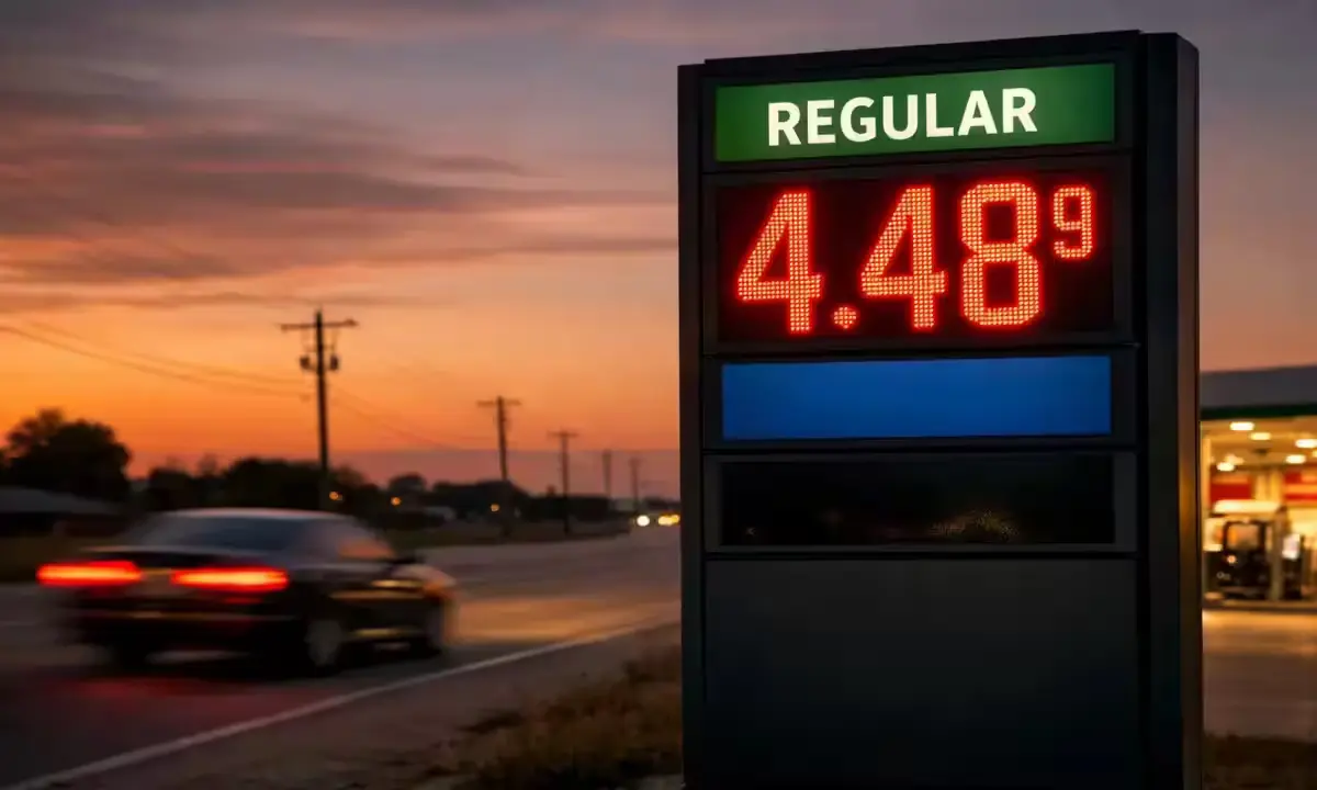 Gas station price sign showing $4.48 per gallon as US fuel costs climb toward $5 amid Strait of Hormuz closure