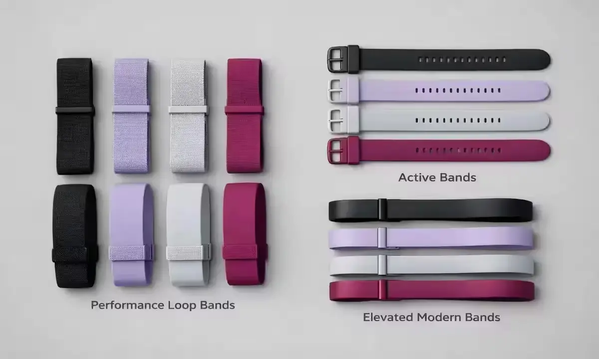 Google Fitbit Air band options in multiple colors including obsidian lavender fog and berry