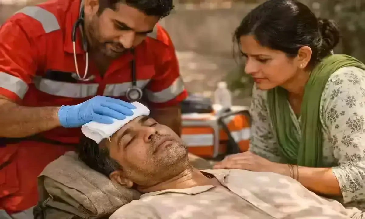 Heat stroke first aid India — wet cloth treatment and calling 108 emergency