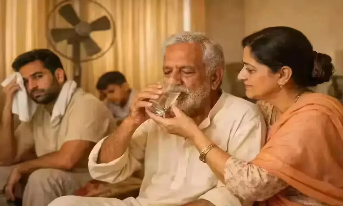 Heatwave safety tips India — family protecting elderly from heat stroke indoors