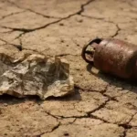 Indian rupee note and gas cylinder on cracked ground, symbolising currency fall and LPG shortage
