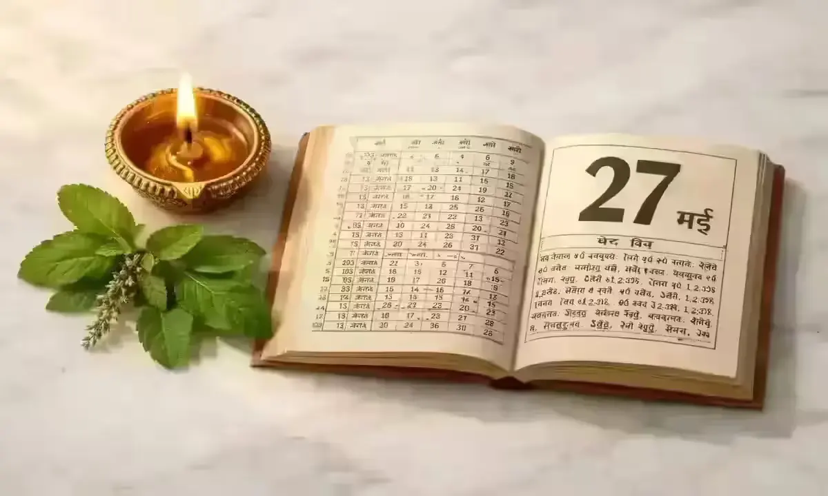एकादशी व्रत 2026 — जलता हुआ दीया, तुलसी पत्ता और पंचांग, Padmini Ekadashi 27 May date