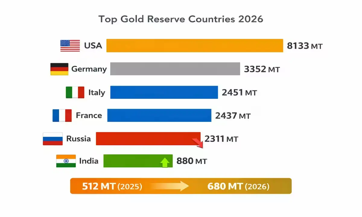 दुनिया के टॉप देशों का सोना भंडार 2026 - अमेरिका 8133 MT, भारत 880 MT