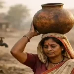 पानी को तरसे ग्रामीण — जल जीवन मिशन के बावजूद गाँव की महिला मटके से पानी ला रही है