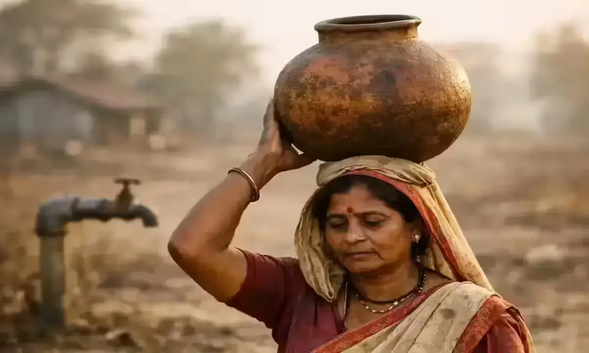पानी को तरसे ग्रामीण — जल जीवन मिशन के बावजूद गाँव की महिला मटके से पानी ला रही है