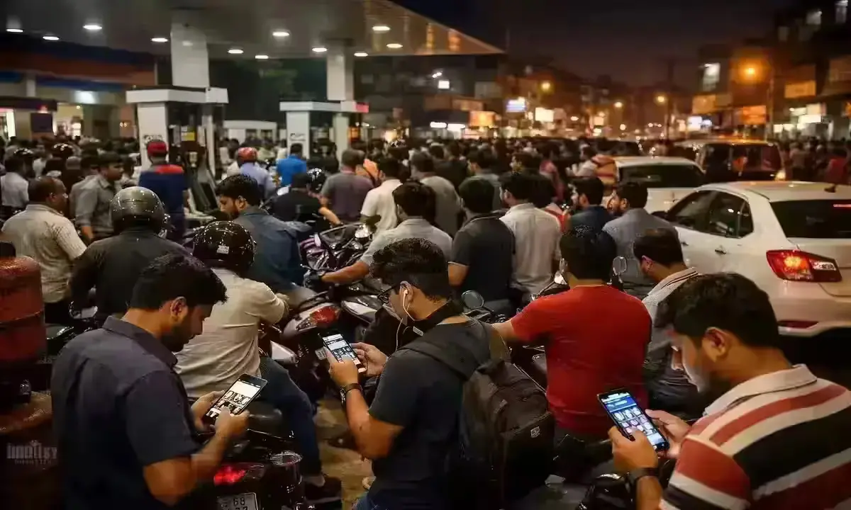 पेट्रोल भरवाने की होड़ के दौरान भारतीय पेट्रोल पंप पर भीड़