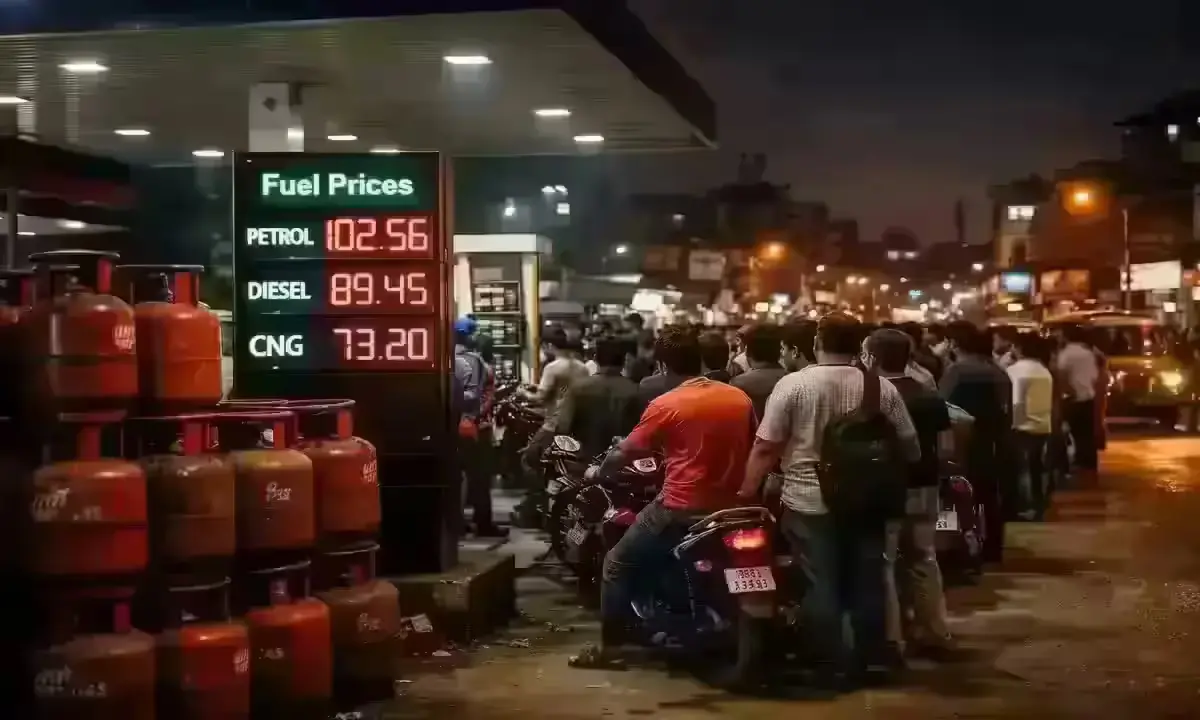 भारत में गैस और पेट्रोल को लेकर भारी अफरा-तफरी के बीच पेट्रोल पंप पर लगी लंबी लाइन