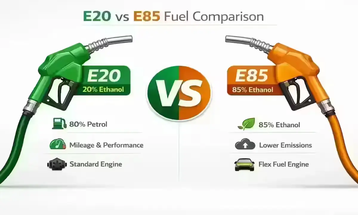 E20 vs E85 ethanol blend fuel comparison India - Hero Flex Fuel bike compatible fuel types