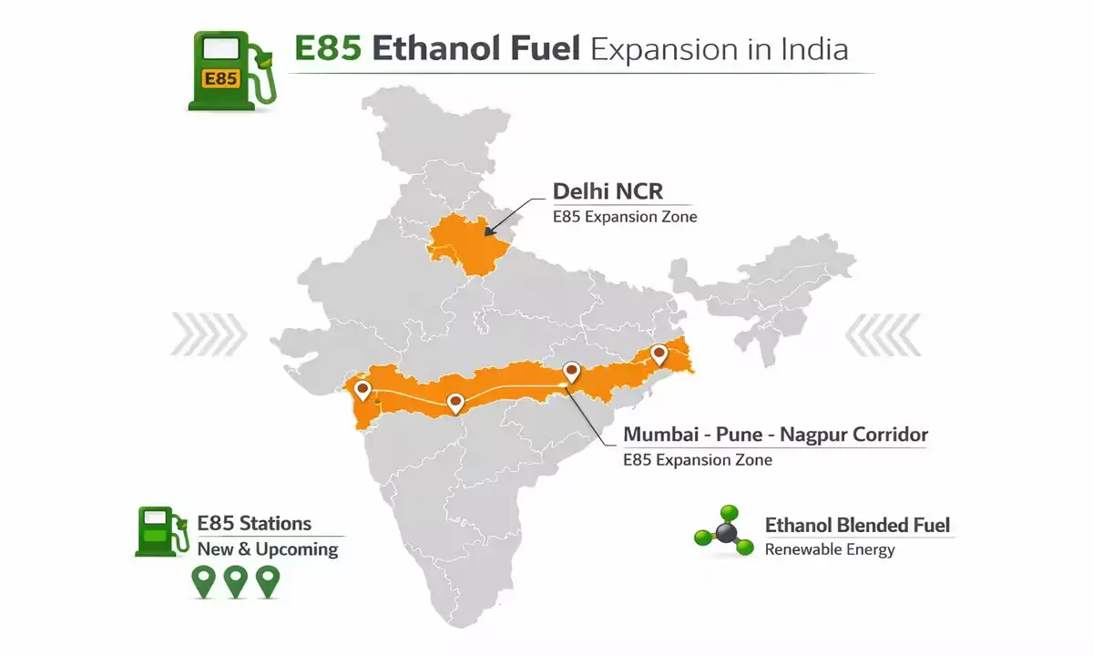 E85 ethanol fuel station rollout India 2026 - 500 stations by December, 5000 by 2027